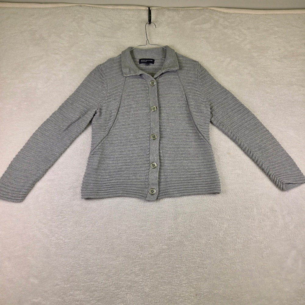 Jones New York Signature Gray Ribbed Knit Button Front Cardigan Sweater Large